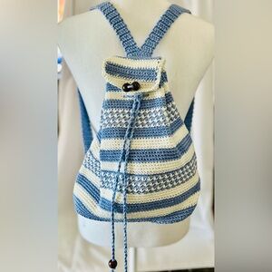 Vintage Hand & Heart Knit Purse Backpack Hand Made 100% Cotton Blue White Bag
